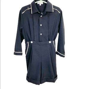 MAGIL Navy Blue Wool Long Sleeve Collared Cuffed Romper Made In Italy 4
